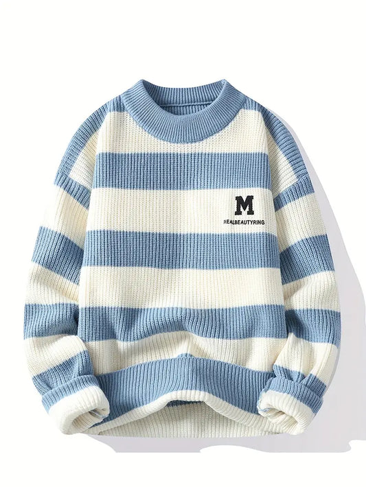 Commisely Striped Knitted Sweater – Sky Blue & Cream