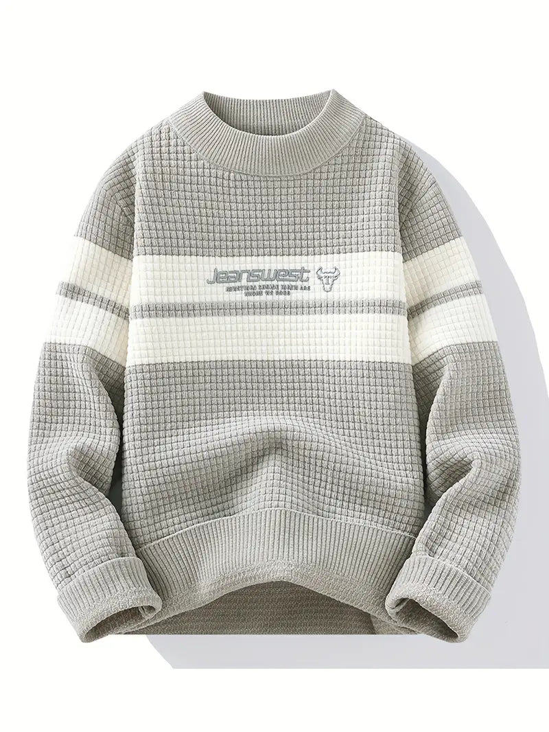 Commisely Textured Knit Sweater – Cream & Gray Block Stripe